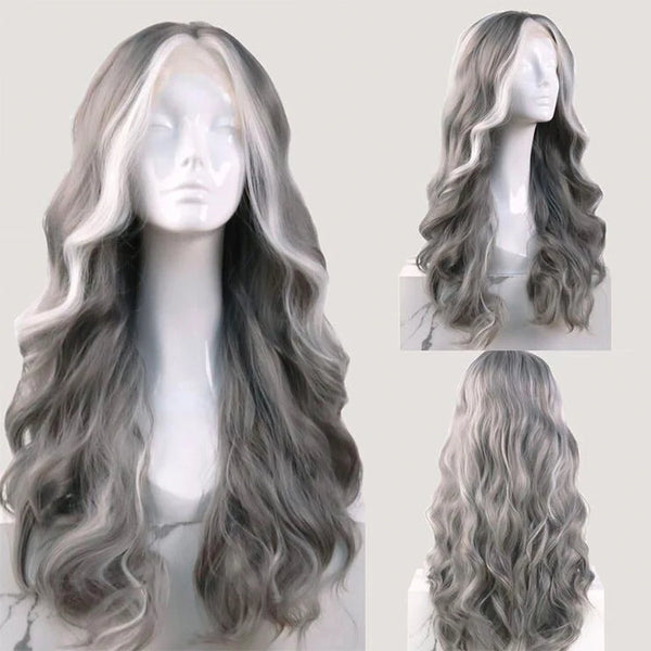 TAVIMART  -  Gray Synthetic Lace Wigs Soft Long Wavy Lace Front Wig Grey Wigs Heat Resistant Natural Hairline Highlight For Women Cosplay Wig