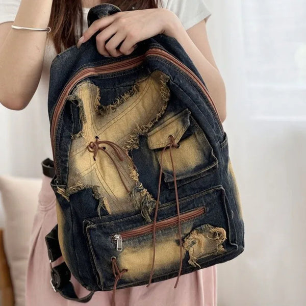 TAVIMART  -  Retro Splicing Cowboy Backpack American Versatile Large Capacity Student Bag New Harajuku Zipper Y2K Backpack