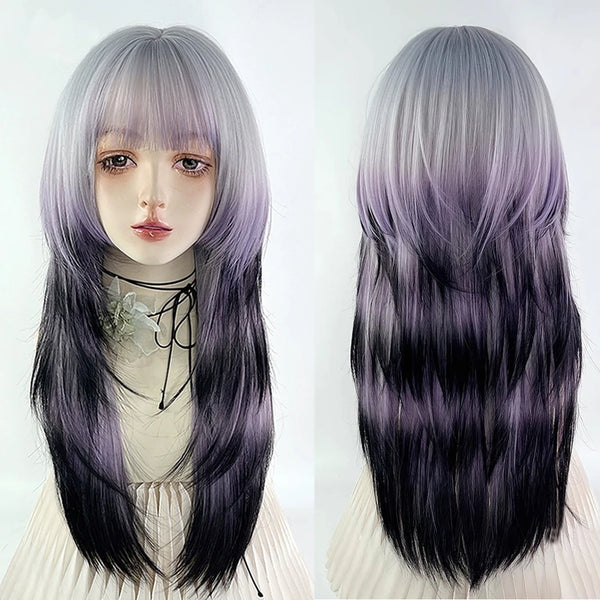 TAVIMART  -  Grey Ombre Purple Black Jellyfish Head Wig Long Straight Synthetic Women Fluffy Lolita Cosplay Wig for Daily Party