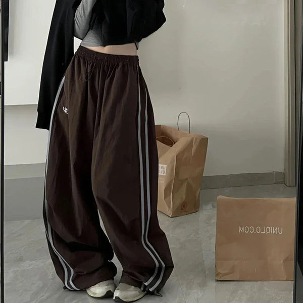 TAVIMART  -  Harajuku Parachute Brown Pants Women Vintage Oversize Cargo Trousers Korean Fashion Striped Patchwork Sweatpants Street