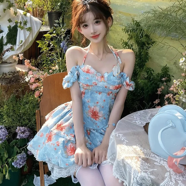 TAVIMART  -  Summer New Style Sweet French Dress Women's Oil Painting Smudged Floral Party Dresses Casual Lace Halter Neck Short Dresses