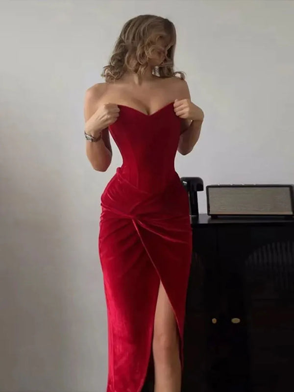 TAVIMART  -  Women Bandage Backless Knotted Long Dress Velvet Split Sleeveless Slim Evening Party Hip Package Dresses Female Sexy Gown Robe