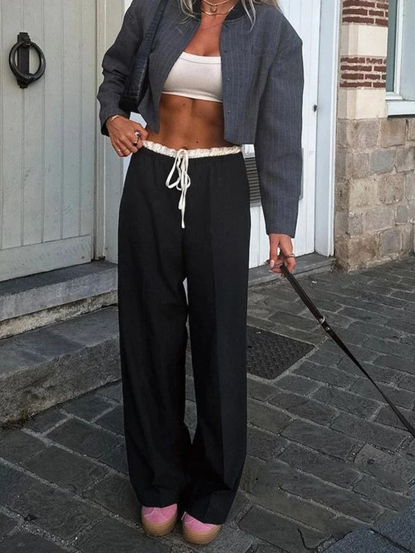 TAVIMART  -  Spring Streetwear Patckwork Black Women Pants High Waist Elastic Wide Leg Long Pants Fashion 2024 Summer Bow Tie Trousers