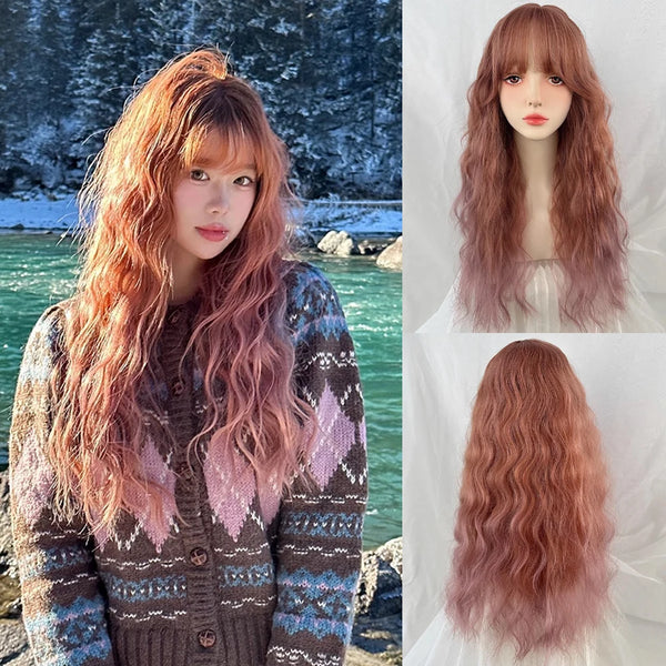 TAVIMART  -  Synthetic Long Wavy Curly Ombre Orange Pink Wig with Bangs Women Fluffy Hair Wig for Daily Party Lolita Cosplay