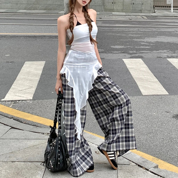 TAVIMART  -  Summer New Streetwear Sexy See-through Irregular Mesh Camisole Women + Loose Casual Plaid Wide Leg Pants Two-piece Suit