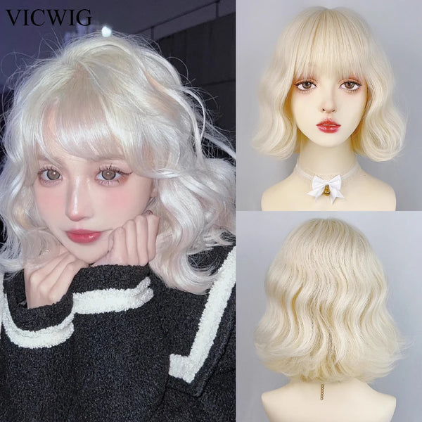 TAVIMART  -  Synthetic Short Wavy Curly Blonde Wigs with Bangs Lolita Cosplay Women Natural Hair Wig for Daily Party