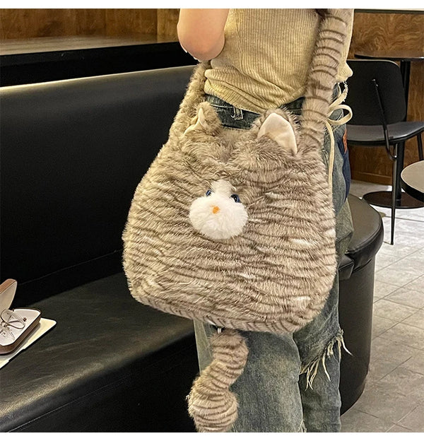 TAVIMART  -  Fluffy Cat Bag Cute Kawaii Cartoon Women's Handbags Girls Sweet Y2k Aesthetic Ins Fashion Shoulder Crossbody Bags Japanese Chic