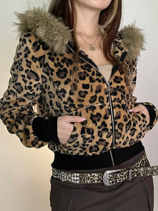 TAVIMART  -  Casual Fur Trim Leopard Coats Loose Hooded Zipper Long Sleeve Jackets Women Autumn Winter Fashion Streetwear Lady