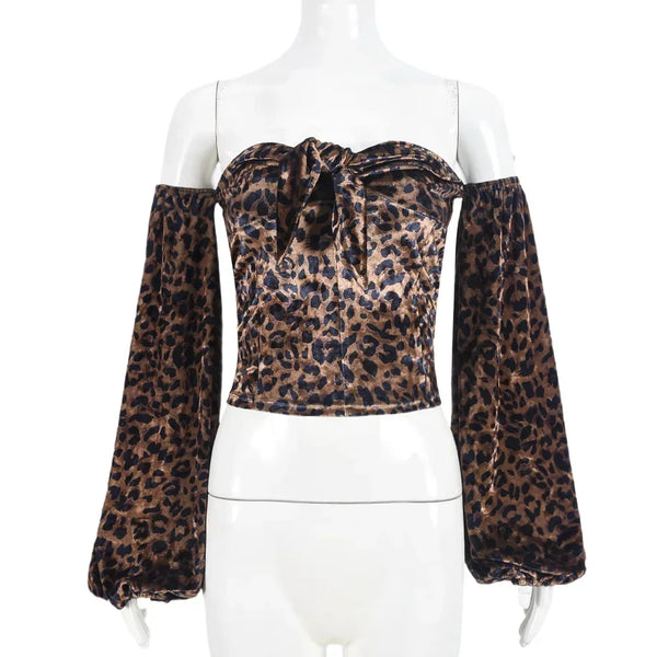 TAVIMART  -  Retro Leopard Flocking Cropped Top Women Autumn Fashion Sexy Slash Neck Flare Sleeve Off Shoulder Velour Blouses Y2K Ladies