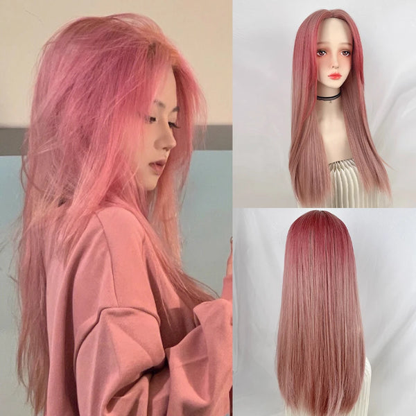 TAVIMART  -  Long Synthetic Straight Ombre Pink Wig Middle Part Lolita Cosplay Women Fluffy Hair Wig for Daily Party