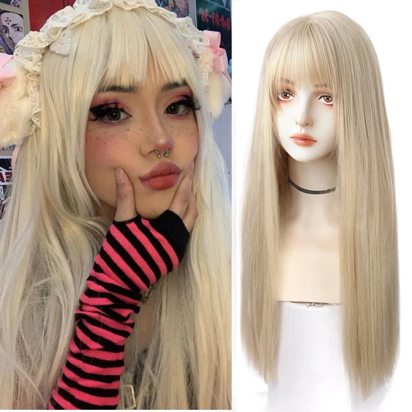 TAVIMART  -  synthetic long straight hair powder white gold pink gradient wig female bangs synthetic cosplay Lolita wig