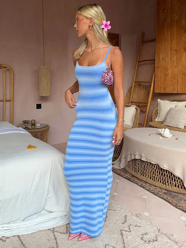 TAVIMART  -  Bright Stripe Gradient Long Dresses Women Suspender Summer Hawaii Beach Maxi Dress Clothing For Female Casual Partywear