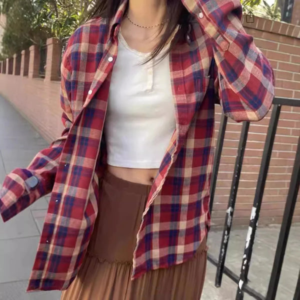 TAVIMART  -  Red Plaid Autumn Women Blouse Turn Down Collar Casual Shirts Cotton Blend Long Sleeve Casual Versatile Loose Top Woman 2025 New