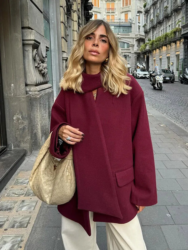 TAVIMART  -  Causal Burgundy Women Autumn Full Sleeve Woolen Coat With Scarf Fashion Solid Single Breasted Jacket Female New Chic Office Wear