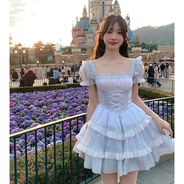 TAVIMART  -  Japan Fashion White Mini Dresses Women French Stitching Wood Ears Lace Cross Lacing Up Short Sleeve Short Dress Holiday Clothin