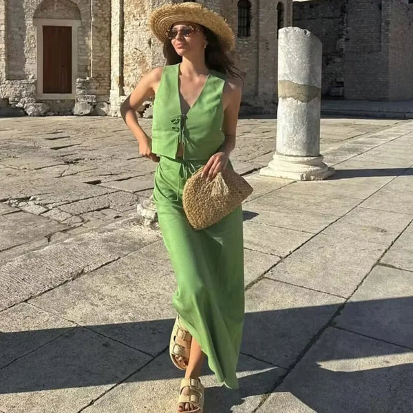 TAVIMART  -  New Chic Tank Top And Long Skirts Set Summer Vest And Fashion Skirt Two Piece Set Green Vacation Casual Women Outfits