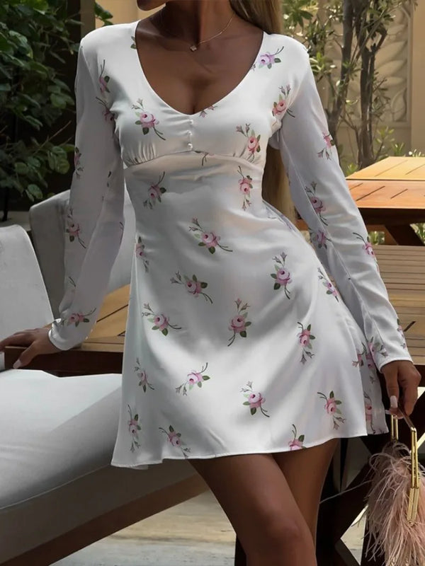 TAVIMART  -  Fall Vintage Floral Print Short Dress Streetwear Office Lady V-neck Long Sleeve Tunics A-line Satin White Holiday Dresses