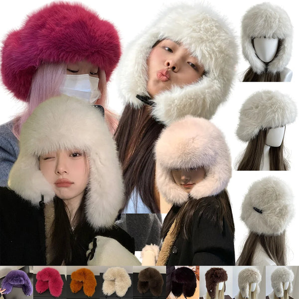 TAVIMART  -  Thick Furry Faux Fur Hats For Women Men Winter Outdoor Keep Warm Earflap Ski Hat Girl Corner Buckle Windproof Russian Bomber Cap