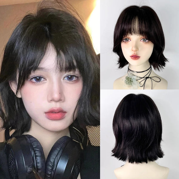 TAVIMART  -  Black Short Wavy Wigs with Bangs Synthetic Women Natural Lolita Cosplay Hair Heat Resistant Wig for Daily Party