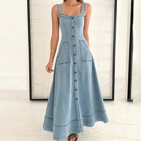 TAVIMART  -  Fashion 2024 Mid Button Slim Denim Dress Women Chic Suspenders Stitching Pockets Long Dress Elegant New High Waist A-line Dress