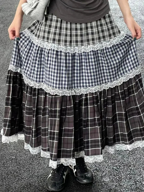 TAVIMART  -  2025 Vintage Harajuku Lace Plaid Print Skirt Women Preppy Style Long Skirts Autumn Winter Streetwear Retro A-line Ruffle Skirts