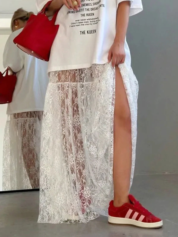 TAVIMART  -  Lace Jacquard Transperant Skirt Women Summer New High Waist Sexy Casual Long Skirts 2024 Streetwear Fashion White Maxi Skirt