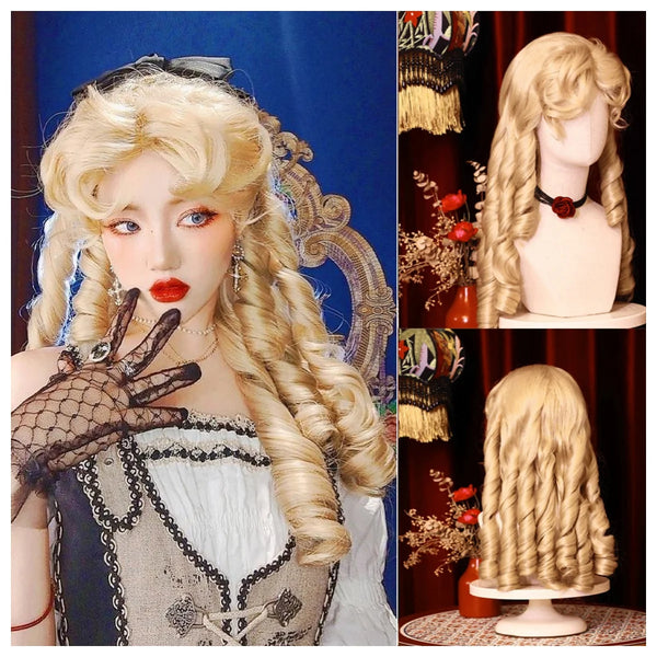 TAVIMART  -  Cosplay Wig Headgear Duchess Blonde Curly Lolita Roman Curls Wig Elegant Vintage Wig for Women