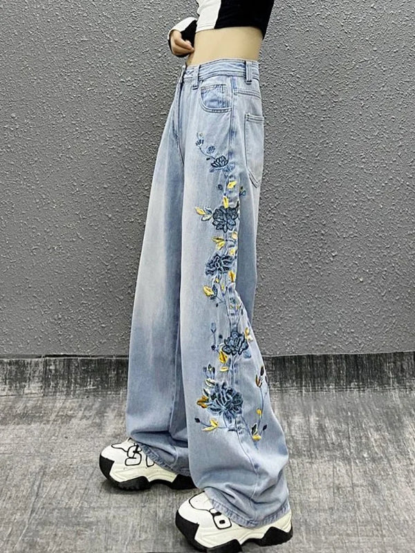 TAVIMART  -  Women's pants Spring Autumn vintage embroidery rose embroidery straight leg jeans washed high waist loose casual wide leg pants