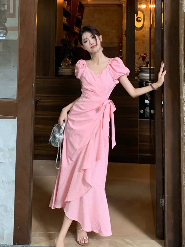 TAVIMART  -  Summer New Lace-up Slim Women Ruffles Long Dress Sweet Elegant Fairy Party Dress Korean Pink White Puff Sleeve Dress Female