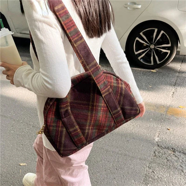 TAVIMART  -  New Vintage Woolen Plaid Tote Bags Casual Handbag Korean All-match Design Fashion Women Shoulder Bag