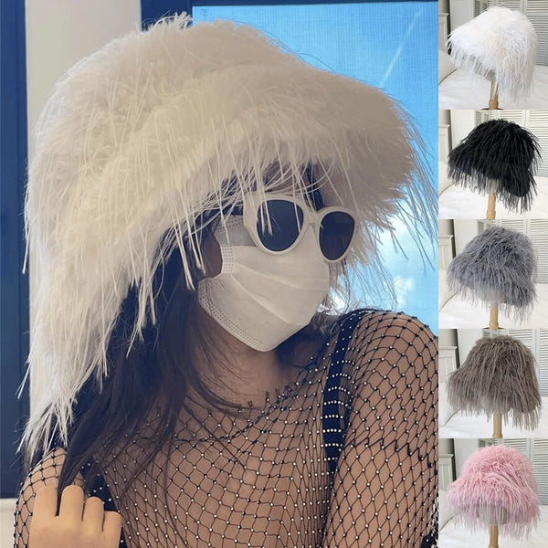 TAVIMART  -  Luxury Plush Faux Fur Bucket Hats For Women Fashion Winter Ostrich Feather Female Thicken Warm Fisherman Caps Party Panama Bob