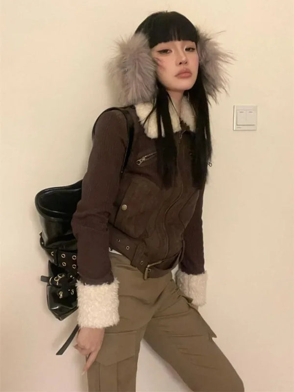 TAVIMART  -  Japanese Y2k Fur Coat Women American Retro Brown Knitted Jacket Vintage Korean Style Zipper Winter 2000s Aesthetics