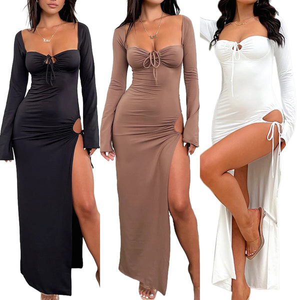 TAVIMART  -  Women Hollow Out Dress Slim Fit Sexy Bodycon Dress Pullover Skinny Pleated Dress Solid Color Club Party Dress