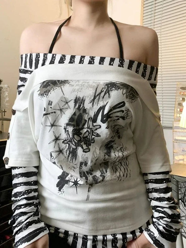 TAVIMART  -  Slash Neck Gothic Women Fake Two Pieces T-shirt Y2k Aesthetic Off Shoulder Tops Vintage Print Tshirts Grunge Stripe Tees Femme