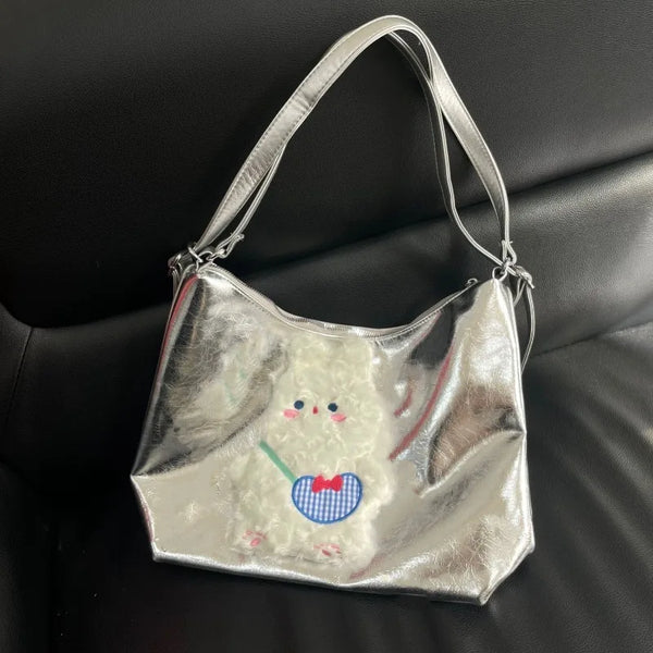 TAVIMART  -  Vintage Y2k Womens Tote Bag Cute Bunny Patchwork Silver Fashion Shoulder Bag Pu Leather Large Capacity New Casual Backpack