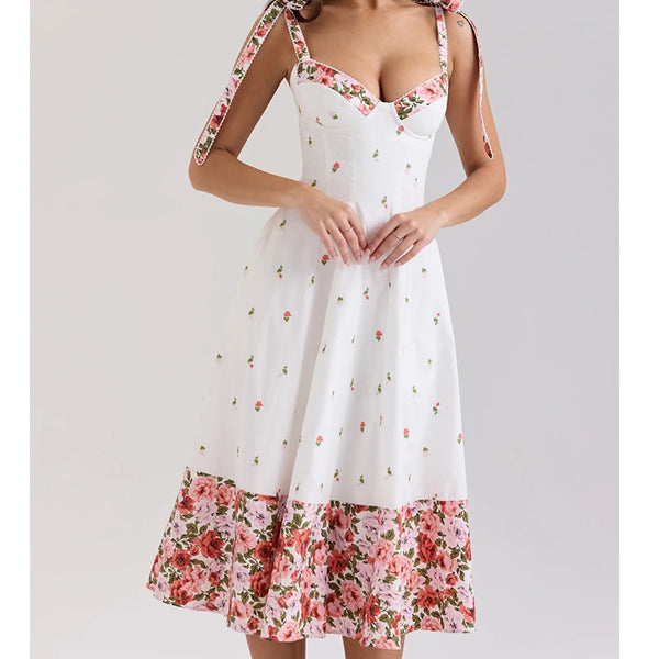 TAVIMART  -  Flower Print Patchwork White Sling Elegant Dress Women Lace Up Bandage Back A-line Summer Dresses Chic Lady Holiday Robe 2025