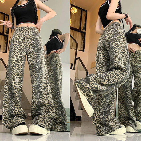 TAVIMART  -  Woman 90s Vintage Oversize Jeans Girls Y2k High Waist 2000s Clothes Trousers Female Leopard Print Harajuku Baggy Wide Leg Pants