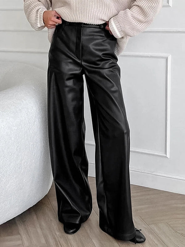 TAVIMART  -  Leather High Waist Wide Leg Pants Women Zipper Vintage High Street Button Autumn Trousers Female All-match Casual Pants