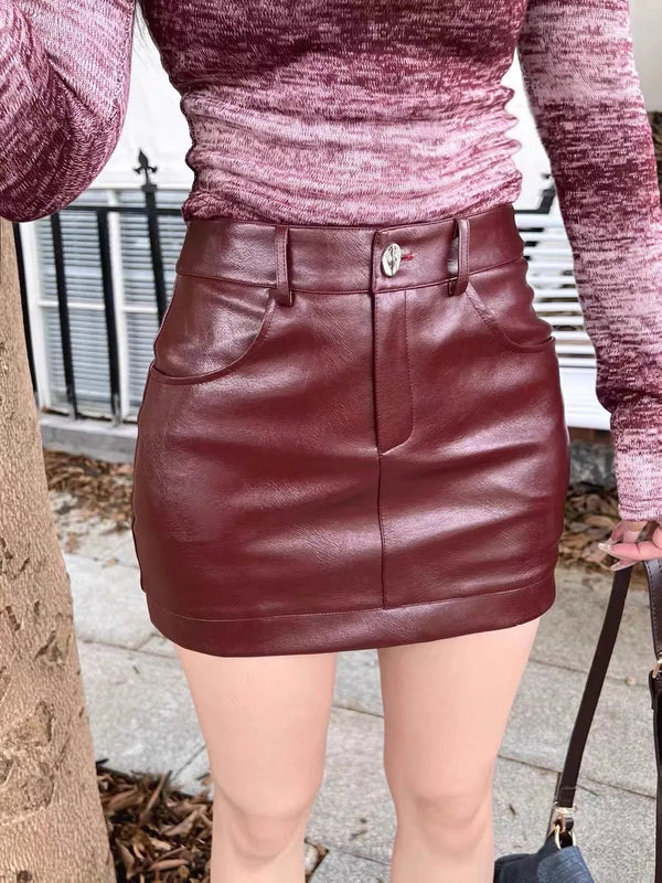 TAVIMART  -  Sweet Hot Girl Wine Red PU Wrapped Hip Skirt for Women's Autumn and Winter High Waisted Short Skirt Fashion Female Clothes