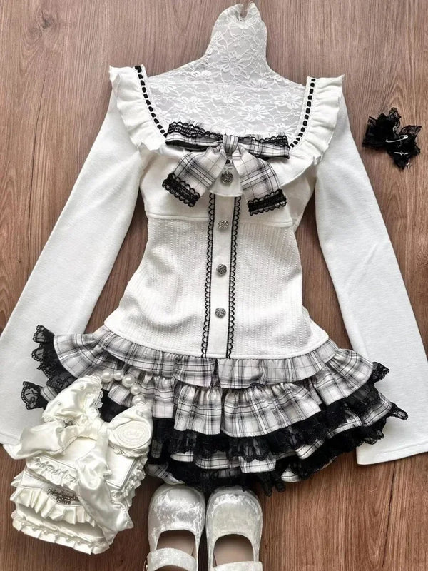 TAVIMART  -  Japanese Vintage Sweet 2 Piece Set Women Kawaii Patchwork Bow Slim Knitted Tops + Lace Plaid Mini Skirt Antumn Winter Outfits