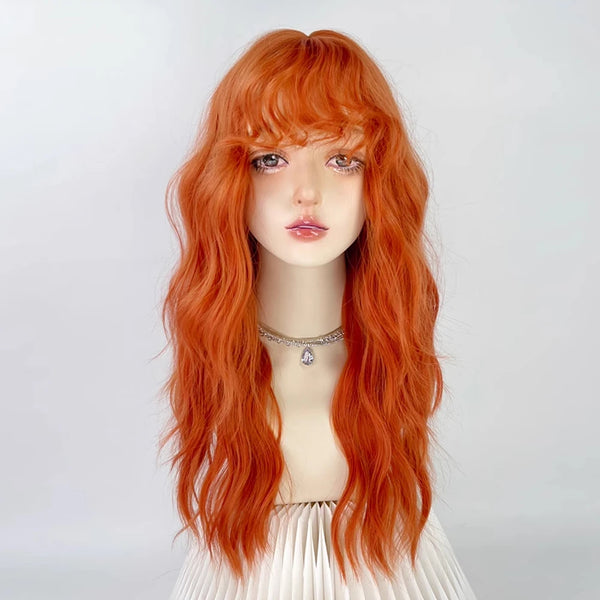 TAVIMART  -  Orange Long Wavy Curly Synthetic Women Wigs with Bangs Lolita Cosplay Natural Hair Wig for Daily Party