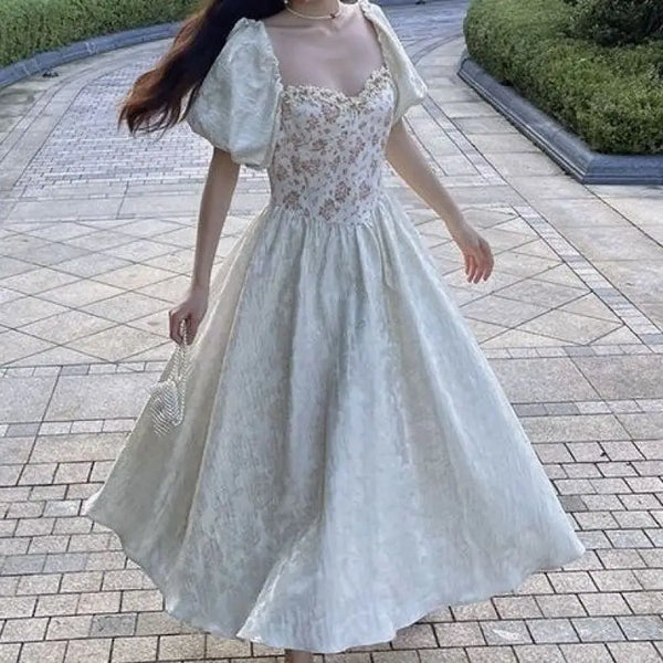 TAVIMART  -  Summer French Vintage Floral Midi Dress Women Causal Slim Korean Fashion Dress Beach Short Sleeve Elegant Dress Office Lady