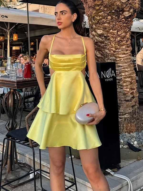 TAVIMART  -  Sexy Yellow Satin Women Mini Dress Fashion Backless Sleeveless Pleated A-line Dresses 2024 Summer Lady Party Evening Robes