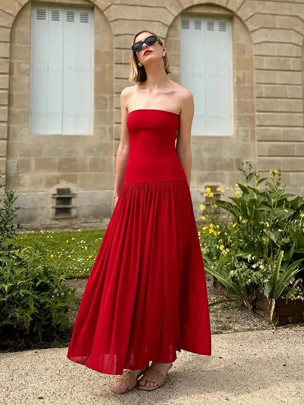 TAVIMART  -  Sexy Red Patchwork Pleated Hem Strapless Maxi Dress Women Fashion Off Shoulder Sleeveless Robes 2024 Summer Female Party Dresses