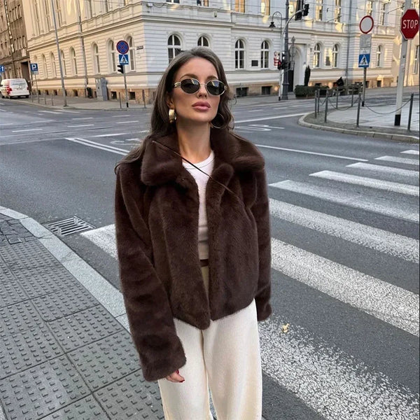 TAVIMART  -  Warm Faux Fur Short Coat Women Loose Lapel Long Sleeve  Furry Plush Coat Female Fashion Winter Thicken Brown Lady Outwear