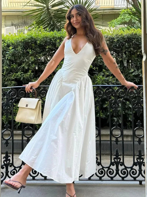 TAVIMART  -  Fashion Casual Woman Halter Neck White Long Dress Streetwear 2024 Female Clothing Backless Bandage Tunics Holiday Party Dresses