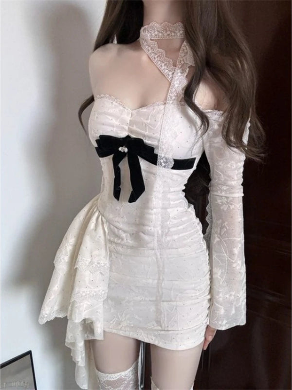 TAVIMART  -  Sexy Lace Patchwork Off Shoulder Dresses Y2k Slim Fit Long Sleeve Vestido Feminino Early Autumn New Dress for Women