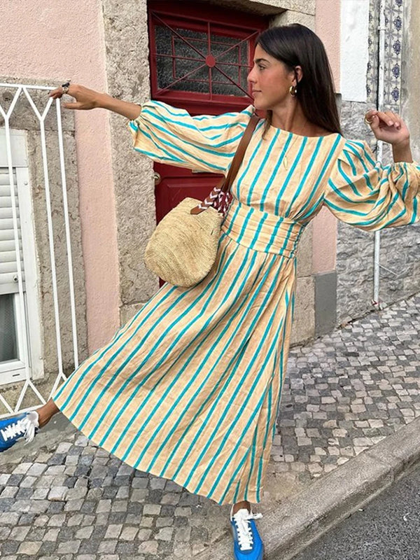 TAVIMART  -  Casual Stripes Long Dresses Women Loose Backless Lace Up Long Lantern Sleeve Dress Female Summer Fashion Streetwear Lady