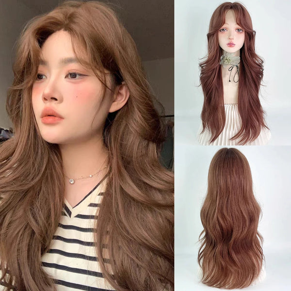 TAVIMART  -  Lace Synthetic Wavy Long Brown Wig with Bangs Fluffy Lolita Cosplay Women Hair Wig for Daily Party