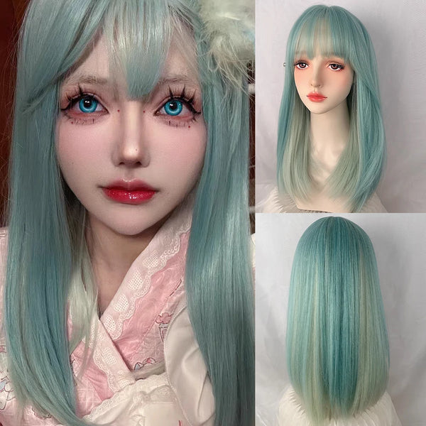 TAVIMART  -  Synthetic Straight Long Ombre Green Wig with Bangs Fluffy Women Lolita Cosplay Hair Wig for Daily Party